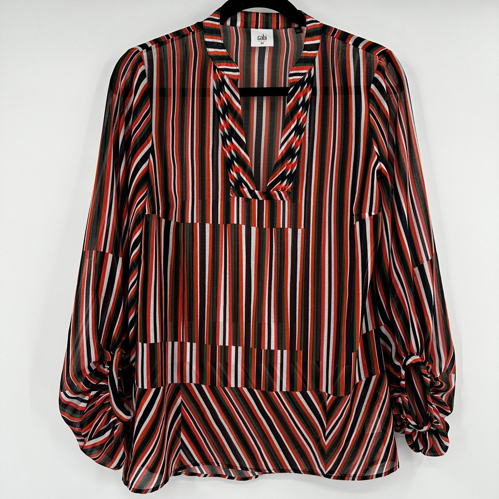 Cabi 5519 Broken Mixed Striped Ultimate Split Neck Balloon Sleeve Blouse XS